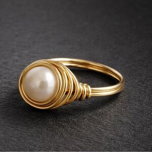 Wire-Wrapped Pearl Ring  - Gold Solid Brass - Custom Sizes - Women Jewelry